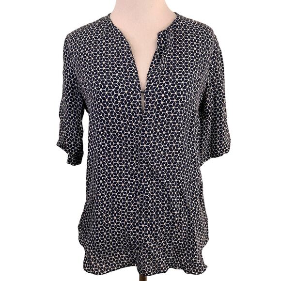 Antazie Silk Keyhole Top Tile Geo Geometric Design Silk Blouse Size P - Picture 2 of 9